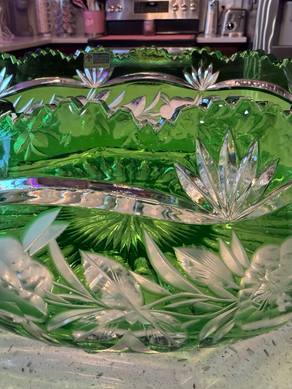 Vintage Lausitzer Glas Green Hand-Cut Lead Crystal Bowl Large Heavy - Picture 2 of 5